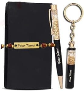: “Customized Metal Rakhi Gift Set with Engraved Pen & Keychain – Perfect Rakshabandhan Gift for Brother/Sister