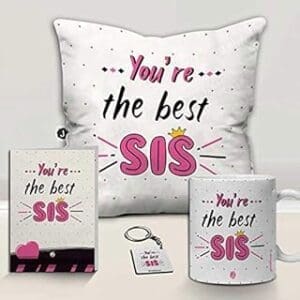 Sister’s Special Surprise: Cushion Mug Key Chain Greeting Card Combo Gift Pack