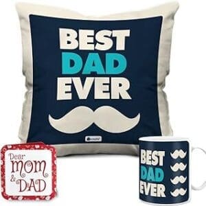 Best Dad Ever Gift Set: Cushion Cover & Coffee Mug | Perfect Birthday Gift for Papa, Grandfather, Father | Blue Theme