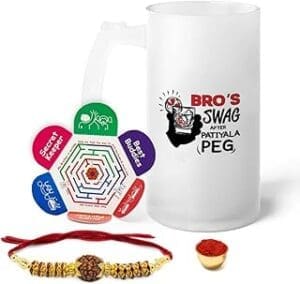 Cheers to Brotherhood: Raksha Bandhan Gift Set with Beer Mug, Crystal Rakhi & Greeting Card