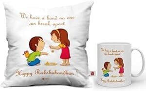 Indigifts Raksha Bandhan Gifts for Sister Quote Printed Coffee Mug & Cushion Cover 12×12 inch with Filler – Gifts for Sister, Sister Rakhi Gift, Birthday Gifts for Brother, Gift for Brother