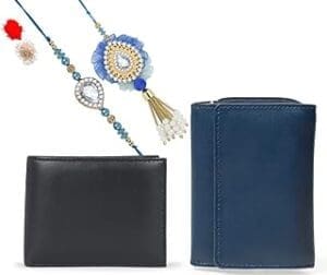 Kaameri Bazaar Rakhi Gift Set: Blue Wallet for Bhabhi, Black Wallet for Bhaiya, Kundan Rakhi & Lumba Combo!
