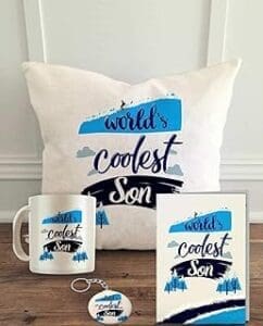 Perfect Gift Set for the World’s Coolest Son: Mug, Cushion, Card & Key Ring Combo Pack!
