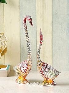 Collectible India Kissing Duck Swan Love Couple Bird Statues Set | White Metal Swan Love Birds Pair (Male – Female) | Romantic Feng Shui Idol Couple Wedding Gift & Home Decor