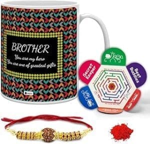 Indigifts Ceramic Mug with Rakhi & Greeting Card – Perfect Brother-Sister Bond Gift Set!