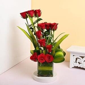Surprise with 12 Long Red Roses in Glass Vase – Perfect Gift for Any Occasion!